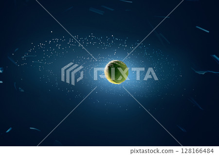 Floating tennis ball in space with light particles in abstract environment 128166484