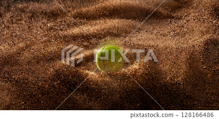 Tennis ball landing on clay surface, creating whirlwind in brown sand 128166486