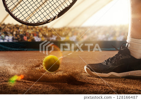 Tennis ball hitting clay court during match on 3D tennis stadium 128166487