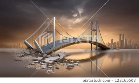 Broken bridge symbolizes trade war concept with dramatic sky and distant city reflecting conflict and uncertainty in global relations Broken bridge symbolizes trade war concept with dramatic sky and distant city reflecting conflict and uncertainty in global relations 128166508