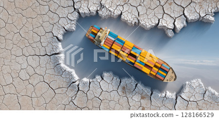 Trade war concept illustrated by cargo ship moving through cracked dry earth symbolizing economic conflict and global tension 128166529