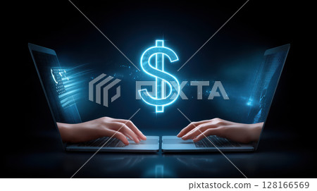 Digital trade deal concept with two laptops and glowing dollar sign symbolizing online financial exchange and business transaction 128166569