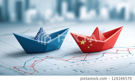 Two paper boats with American and Chinese flag designs float financial chart symbolizing trade deal and economic competition modern business Two paper boats with American and Chinese flag designs float financial chart symbolizing trade deal and economic competition modern business 128166570