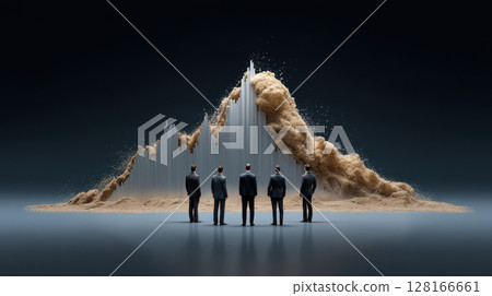 Trade war concept illustrated by businesspeople observing sand mountain shaped like financial graph symbolizing economic conflict Trade war concept illustrated by businesspeople observing sand mountain shaped like financial graph symbolizing economic conflict 128166661