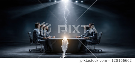 Trade war concept illustrated by businesspeople in suits facing off at split table with dramatic lighting and tension in atmosphere Trade war concept illustrated by businesspeople in suits facing off at split table with dramatic lighting and tension in atmosphere 128166662