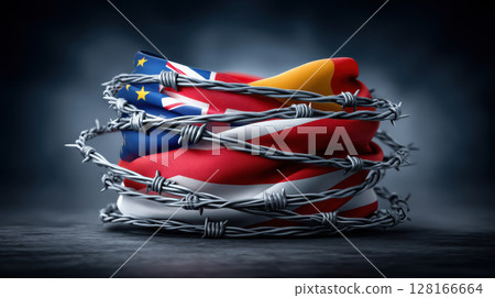 Trade war concept shown by barbed wire wrapped around flags symbolizing conflict and restriction in international relations 128166664