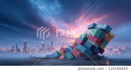 Trade war concept illustrated by colorful shipping container collapse against city skyline at sunrise, symbolizing economic tension 128166685