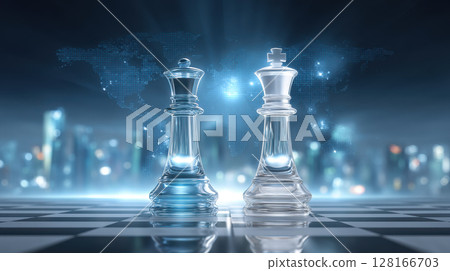 Trade war concept shown by two glass chess kings on chessboard with cityscape and world map background, symbolizing strategy and tension 128166703