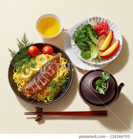 A modern Japanese meal set with grilled fish, noodles, and vegetables 128166705