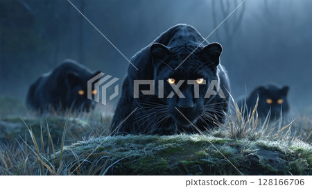 A pack of black panthers with glowing eyes stalking at night 128166706