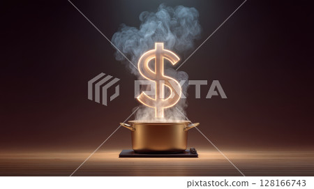 Price increased as symbolized by glowing dollar sign rising from steaming pot, representing economic change and financial impact 128166743
