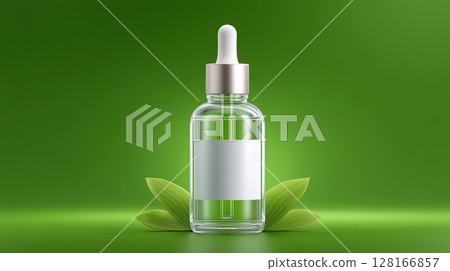 Clear glass serum bottle with dropper and blank label, set against a green background with fresh leaves 128166857