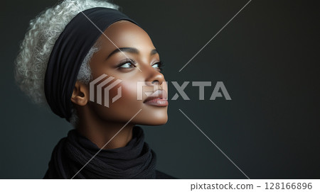 Black woman with light-colored blonde white hair, stylish hair dyeing process. Banner with copy space, beauty salon 128166896