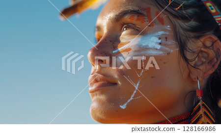 Australian native aboriginal woman, International Day of the World's Indigenous Peoples, banner copy space 128166986