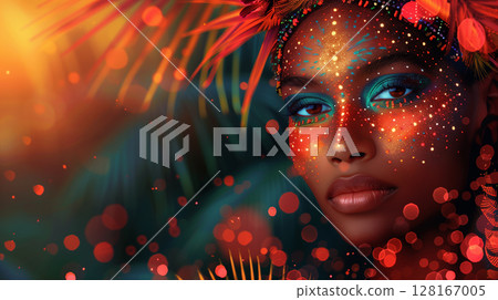 Amazonian native aboriginal woman, International Day of the World's Indigenous Peoples, banner copy space 128167005
