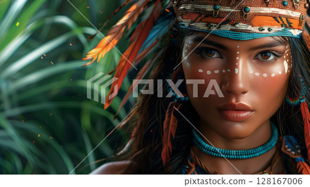 Amazonian native aboriginal woman, International Day of the World's Indigenous Peoples, banner copy space 128167006