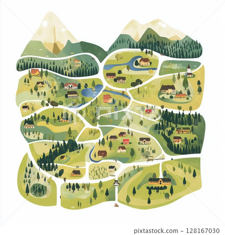 Illustrated map showing a peaceful mountain village with green fields and trees 128167030
