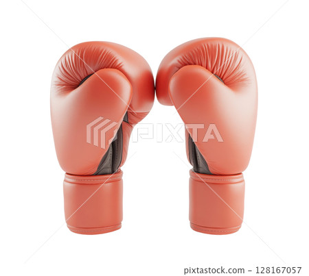 Pair of orange boxing gloves facing each other on white background 128167057