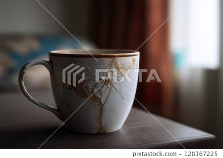 Cracked ceramic mug on wooden table beside window in cozy indoor setting during afternoon light 128167225