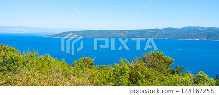 The vibrant blue waters of the Adriatic Sea stretch along the Istria Peninsula, surrounded by lush greenery. This serene landscape showcases natural beauty on a clear, sunny day. 128167258