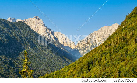 Triglav Mountain rises majestically in the Julian Alps, surrounded by lush green forests and rugged peaks. The clear blue sky enhances the natural beauty of this stunning landscape. 128167266
