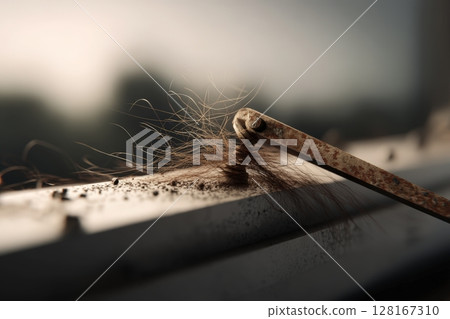 Dust and stray hair collected on a windowsill during early morning light in an urban setting 128167310