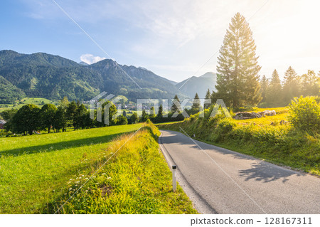 A winding road leads through lush green fields and forests in the Julian Alps. The sun casts a warm glow on the mountains, creating a serene nature setting perfect for exploration. 128167311