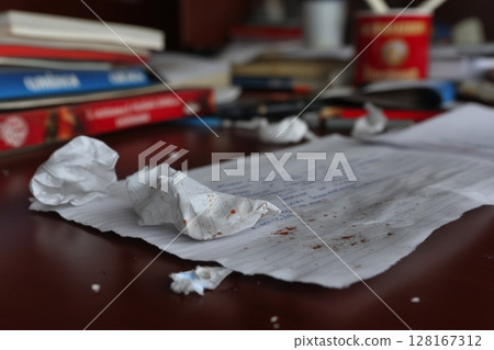 Scrunched paper and cluttered desk reveal a moment of inspiration and frustration in creative work 128167312