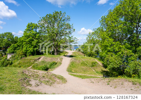 A tranquil pathway winds through lush greenery at Battery Park on Vaxholm Island near Stockholm. Visitors enjoy outdoor activities surrounded by vibrant nature and scenic views of the water. 128167324