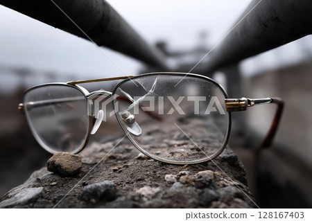 Broken glasses resting on a concrete surface near metal pipes in an industrial area Broken glasses resting on a concrete surface near metal pipes in an industrial area 128167403