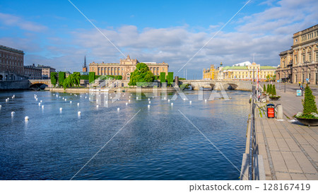 A serene view of the House of Parliament in Stockholm, reflected on the waters surface, with a clear blue sky overhead. Stockholm, Sweden 128167419