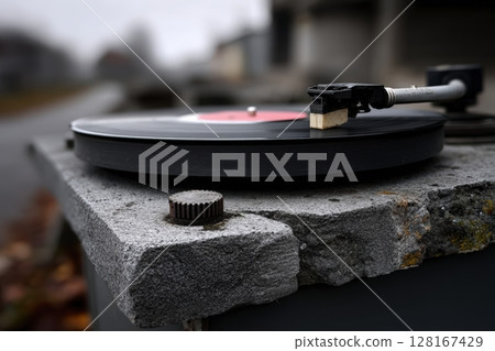Vintage vinyl record player on stone surface outdoors during a foggy morning 128167429