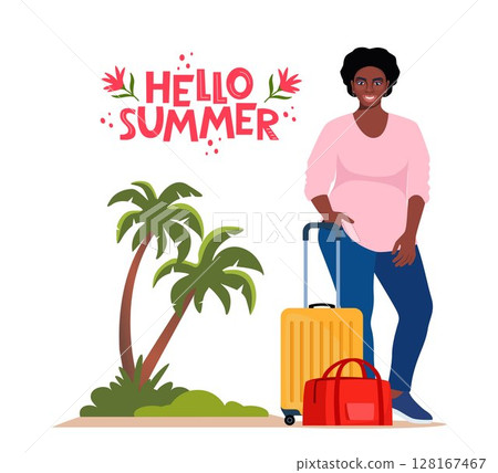 Black woman stands beside luggage, ready for travel. Palms and Hello Summer lettering. Concept of adventure, journey, summer trip. Vector Illustration. 128167467