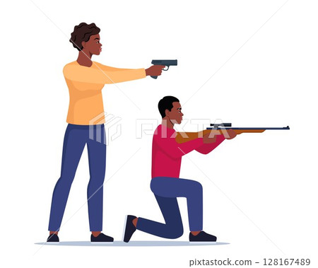 Sport shooting. Aiming black woman with pistol and man with rifle. Outdoor hobby, shooting. Shooters defends property. Military outdoor skills. Vector. 128167489