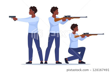 Sport shooting. Aiming black woman with rifle and pistol in different poses. Outdoor hobby, shooting. Woman shooter defends property. Military outdoor skills. Vector. 128167491