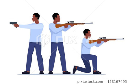 Sport shooting. Aiming Black man with rifle and pistol in different poses. Outdoor hobby, shooting. Man shooter defends property. Military outdoor skills. Vector. 128167493