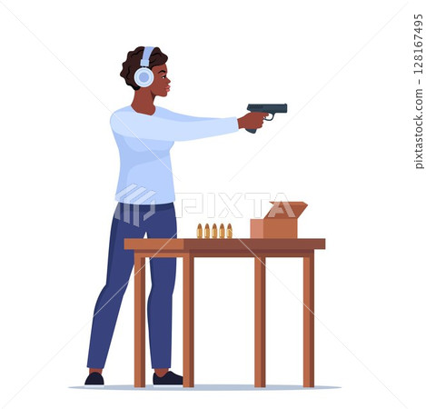 Focused black woman Practicing Shooting Skills At Indoor Range. Female Character In Ear Protection Stands Confidently, Aiming A Pistol. Vector illustration. 128167495