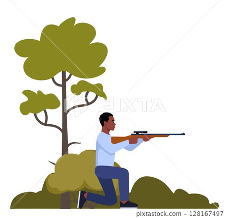 Sport shooting. Aiming Black man with rifle. Outdoor hobby, hunting. Man shooter defends property. Military outdoor skills. Vector. 128167497