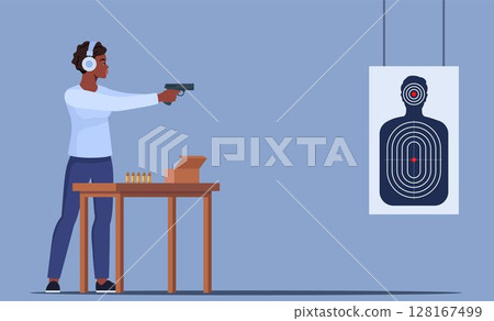 Focused black woman Practicing Shooting Skills At Indoor Range. Female Character In Ear Protection Stands Confidently, Aiming Pistol At Target. Vector illustration. Focused black woman Practicing Shooting Skills At Indoor Range. Female Character In Ear Protection Stands Confidently, Aiming Pistol At Target. Vector illustration. 128167499