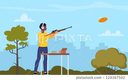 black woman with shotgun practicing clay pigeon shooting. Vector illustration for web and mobile design. 128167502
