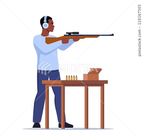Focused Black man Practicing Shooting Skills At Indoor Range. Male Character In Ear Protection Stands Confidently, Aiming A Rifle. Vector illustration. 128167505