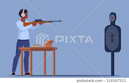 Focused black woman Practicing Shooting Skills At Indoor Range. Female Character In Ear Protection Stands Confidently, Aiming A Rifle At Target. Vector illustration. Focused black woman Practicing Shooting Skills At Indoor Range. Female Character In Ear Protection Stands Confidently, Aiming A Rifle At Target. Vector illustration. 128167521