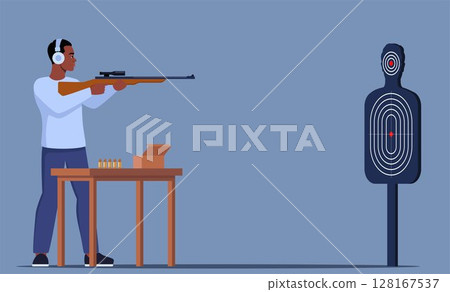 Focused Black man Practicing Shooting Skills At Indoor Range. Male Character In Ear Protection Stands Confidently, Aiming A Rifle At Target. Vector illustration. Focused Black man Practicing Shooting Skills At Indoor Range. Male Character In Ear Protection Stands Confidently, Aiming A Rifle At Target. Vector illustration. 128167537