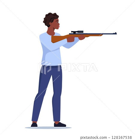 Sport shooting. Aiming black woman with rifle. Outdoor hobby, hunting. Woman shooter defends property. Military outdoor skills. Vector. 128167538