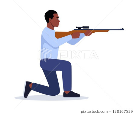 Sport shooting. Aiming man with rifle. Outdoor hobby, hunting. Black man shooter defends property. Military outdoor skills. Vector. 128167539