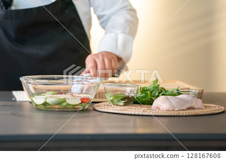 Sterillizer for washing vagetable by chef, food and herbal ingredients were saoked in hygined water to prepare to cook. Sterillizer for washing vagetable by chef, food and herbal ingredients were saoked in hygined water to prepare to cook. 128167608