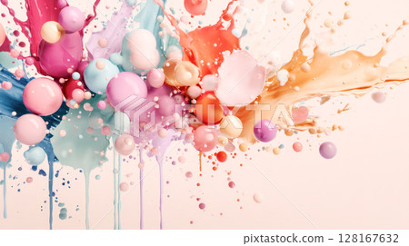 Colorful paint splashes and droplets create an abstract explosion of vibrant hues against a soft pastel background, showcasing artistic expression and creativity 128167632