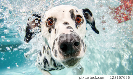 Playful dalmatian dog swimming underwater, surrounded by bubbles and vibrant blue water, capturing the joy of aquatic adventures Playful dalmatian dog swimming underwater, surrounded by bubbles and vibrant blue water, capturing the joy of aquatic adventures 128167656