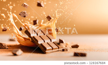 Chocolate bar splashing into creamy liquid, surrounded by flying chocolate pieces, creating a dynamic and appetizing dessert scene Chocolate bar splashing into creamy liquid, surrounded by flying chocolate pieces, creating a dynamic and appetizing dessert scene 128167684