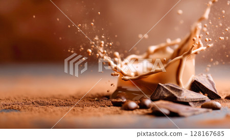 Chocolate splash with cocoa powder and dark chocolate pieces on a wooden surface, capturing the essence of indulgent dessert creation Chocolate splash with cocoa powder and dark chocolate pieces on a wooden surface, capturing the essence of indulgent dessert creation 128167685